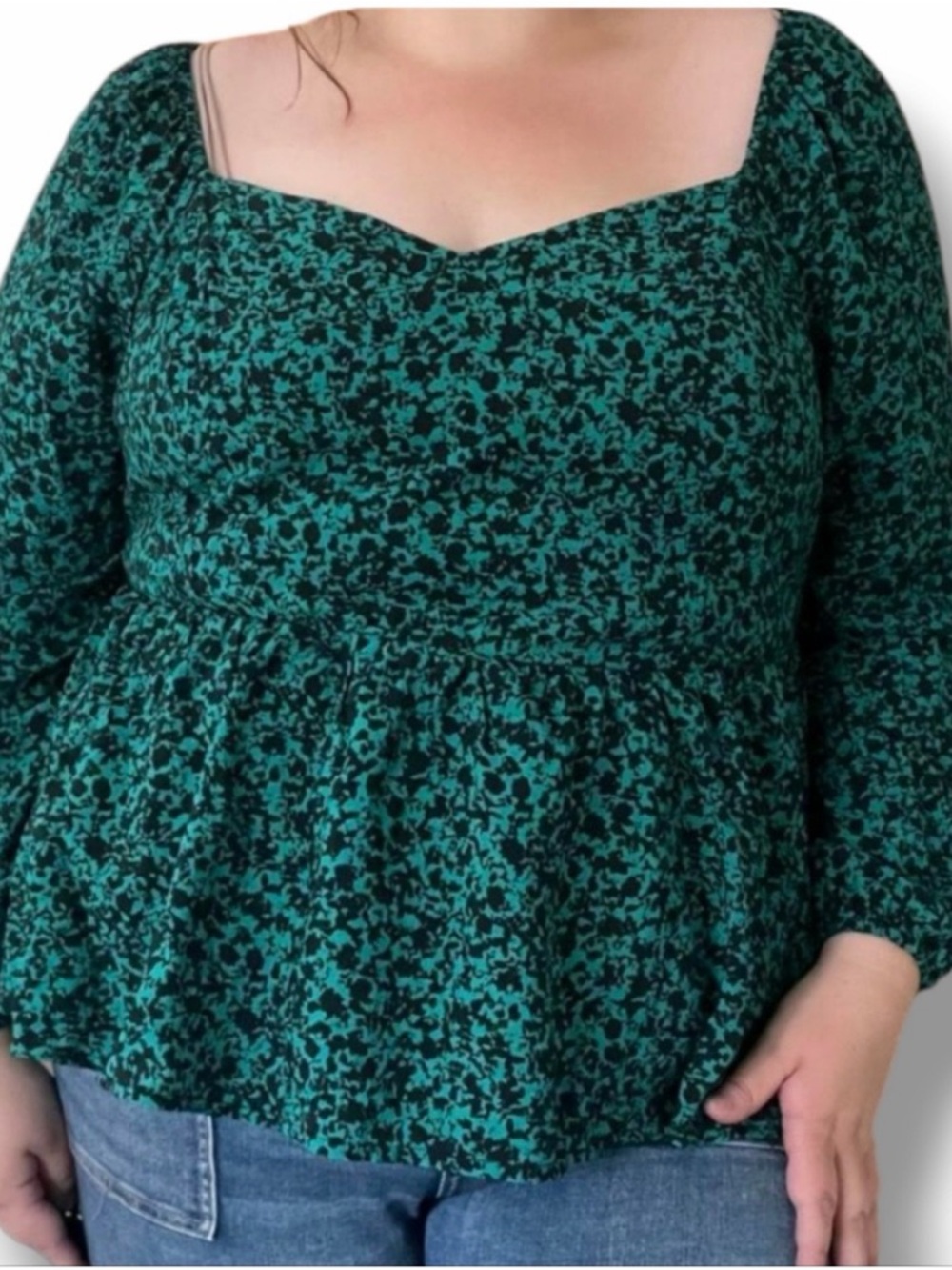 Ava & Viv Teal and Black Floral Square-Neck Peplum Blouse